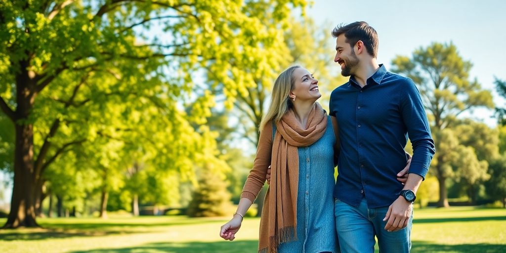 Two couples holding hands in a park.