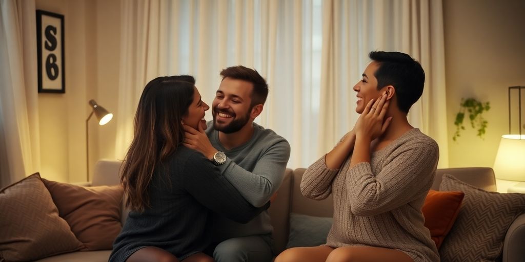 Two couples sharing intimate moments in a cozy setting.