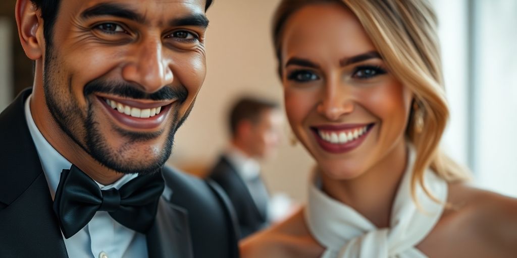 Two people smiling, dressed elegantly.