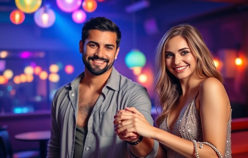 Two smiling adults holding hands, surrounded by colorful lights.