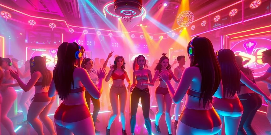 Vibrant virtual party with dancing avatars and colorful lights.