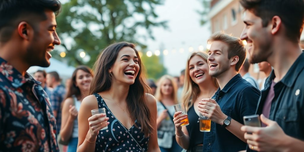 Young adults connect at a lively outdoor swinging event.