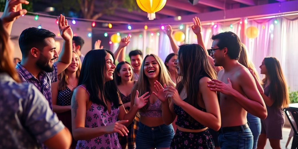 Young adults dancing joyfully at a lively outdoor party.