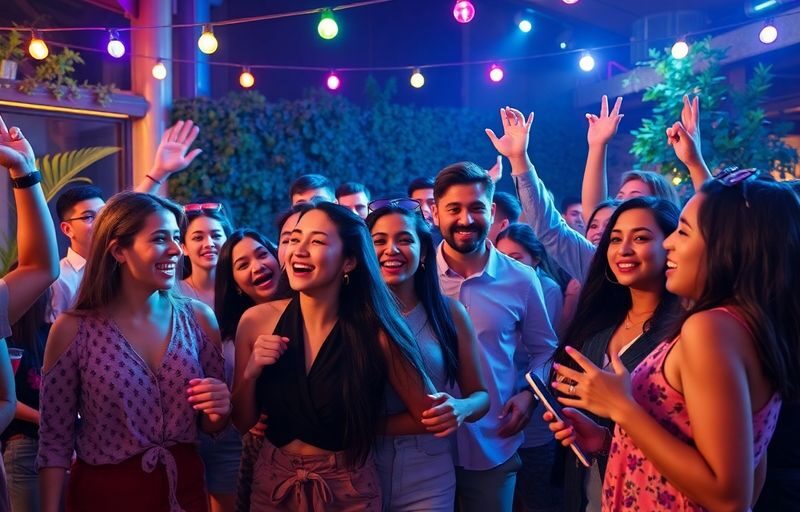 Young adults dancing together in a lively outdoor party.