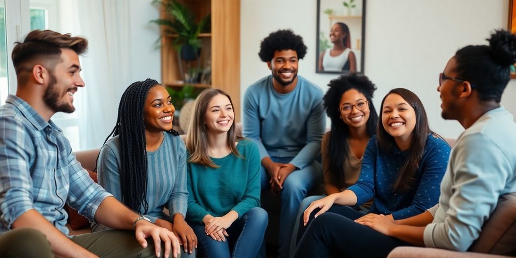 Young adults discussing consent in a cozy living room.