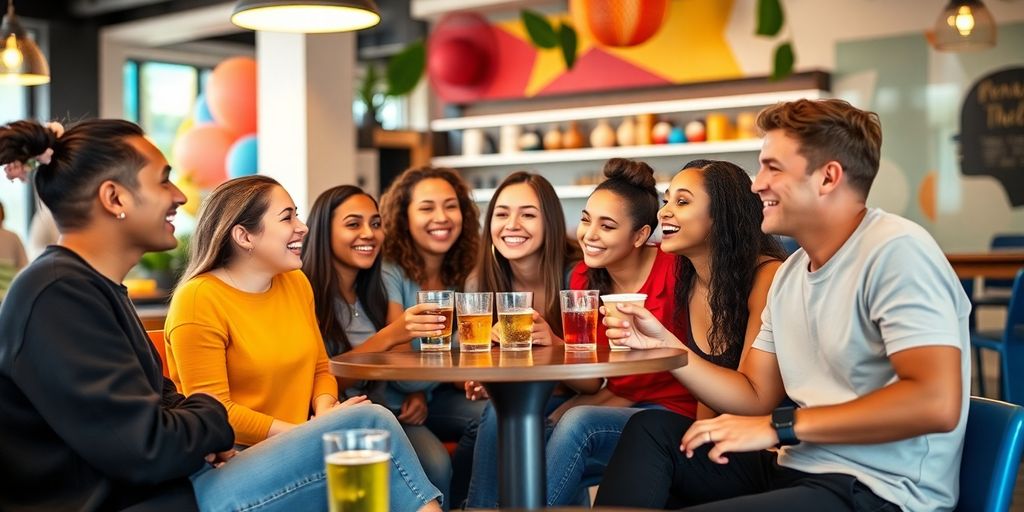 Young adults engaging in conversation at a caf&eacute;.