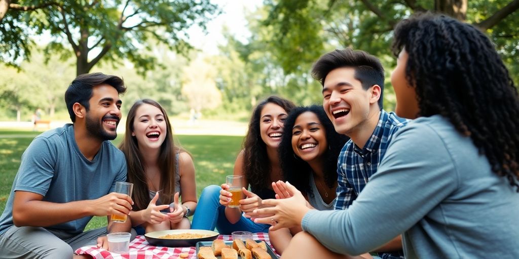 Young adults laughing together at a picnic in a park.