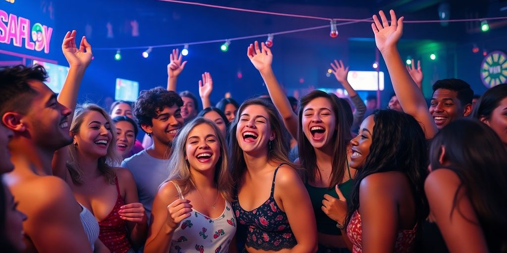 Young adults socializing and enjoying a vibrant gathering.