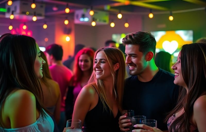Young adults socializing at a lively modern event.