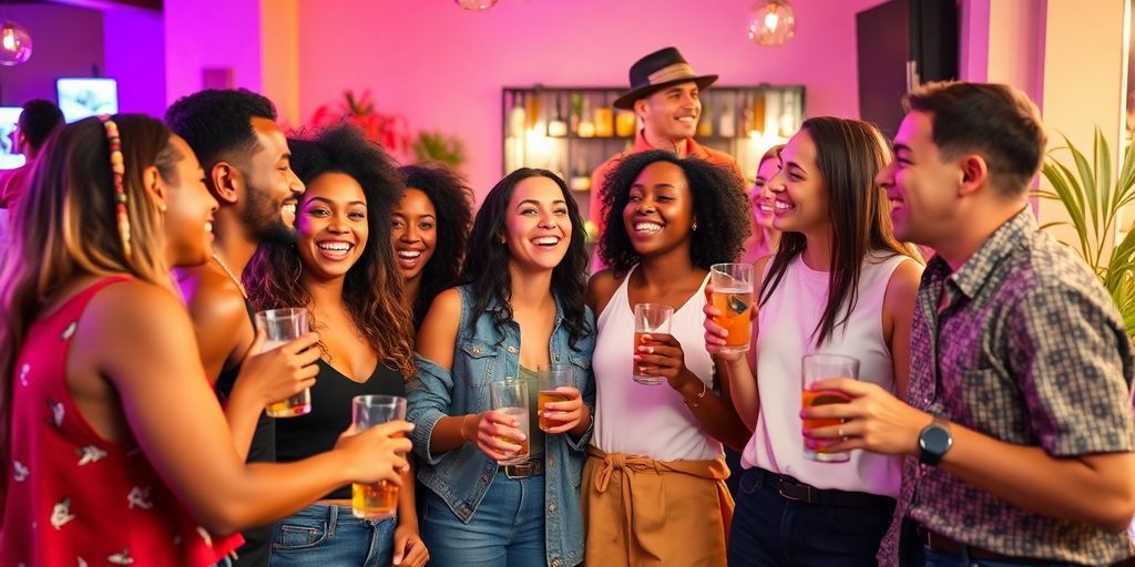 Young adults socializing at a lively swinging gathering.