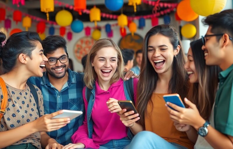 Young adults socializing in a lively, colorful setting.