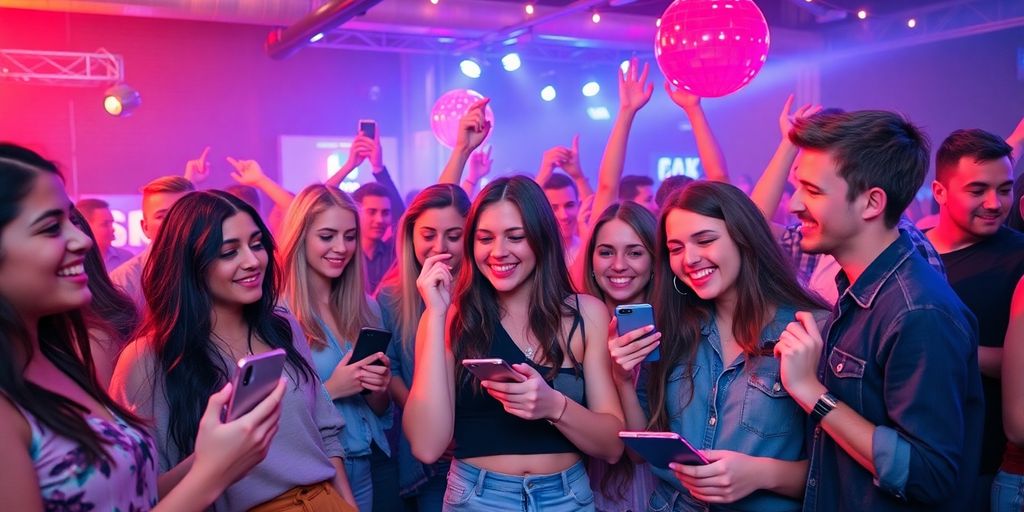 Young adults socializing in a modern, lively party setting.