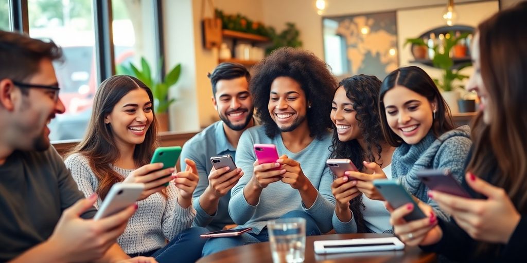 Young adults using smartphones in a cafe setting.
