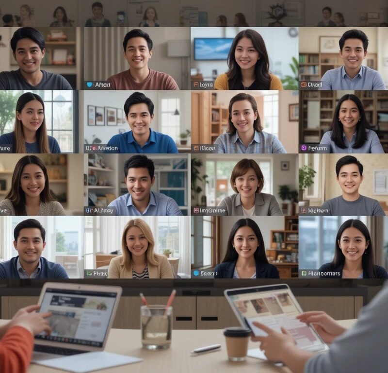 People connecting online in a lively virtual space.