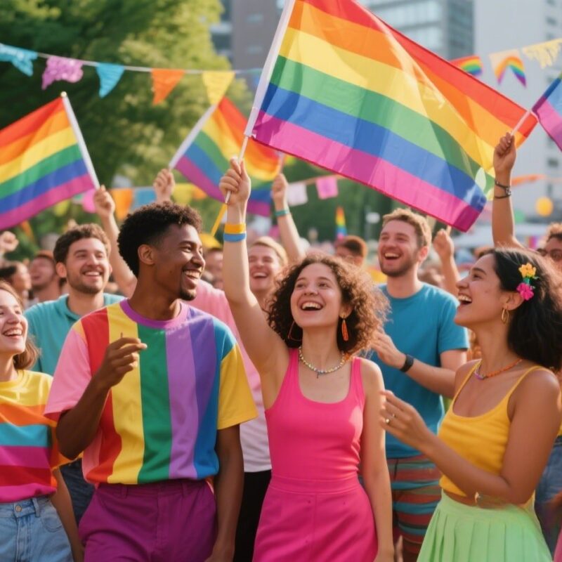 Diverse people celebrating LGBTQ+ and non-binary identities together.