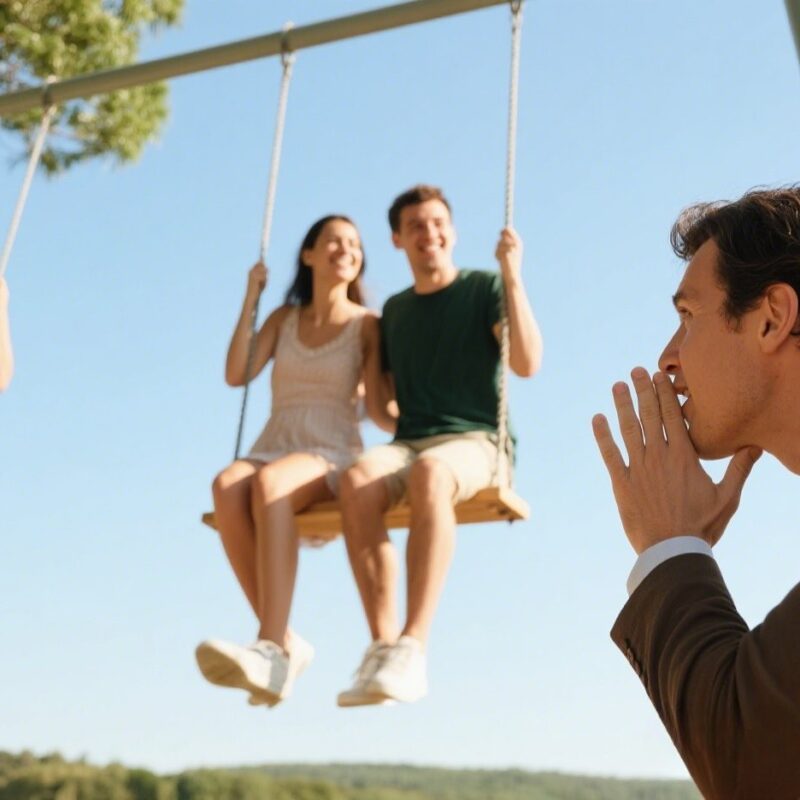 Person whispering to a swinging couple.