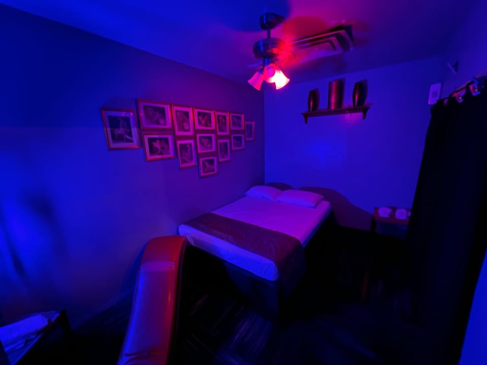 Big bedroom with chandelier