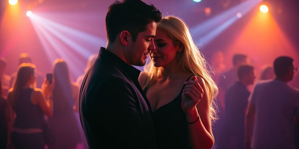 A couple dancing closely in a dim club.