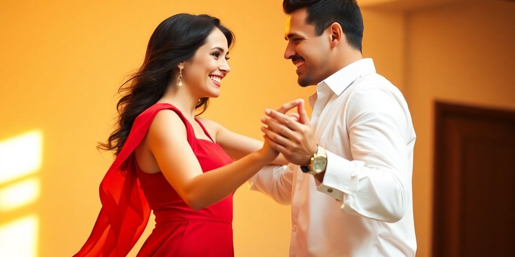 A couple dancing salsa passionately, bathed in warm light.