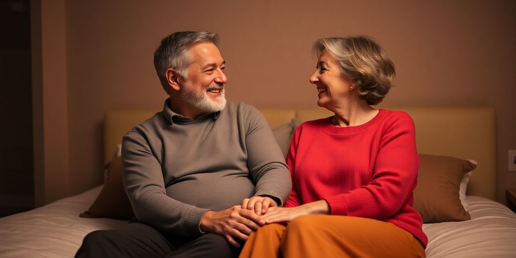 A couple holding hands, smiling, in a cozy bedroom.