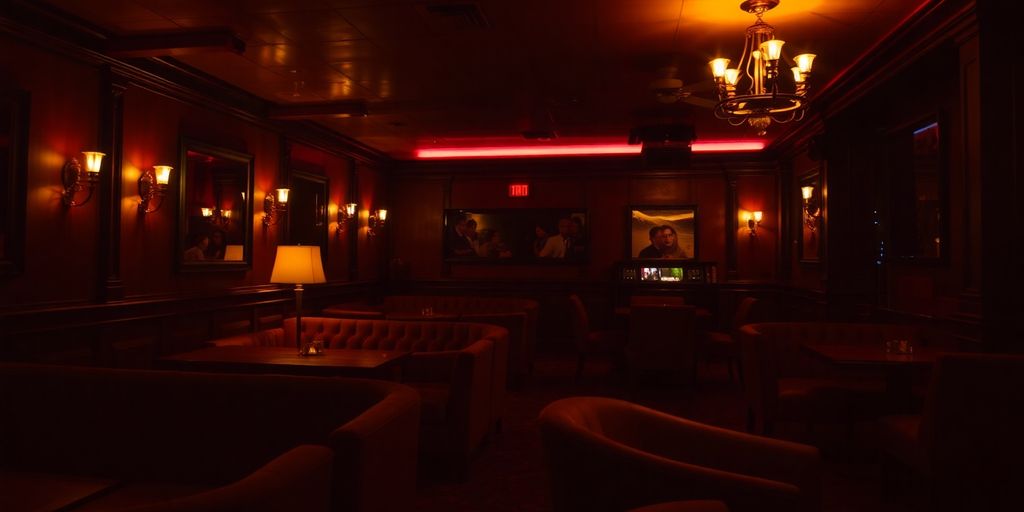 A discreet, vibrant, and inviting adult social club interior.