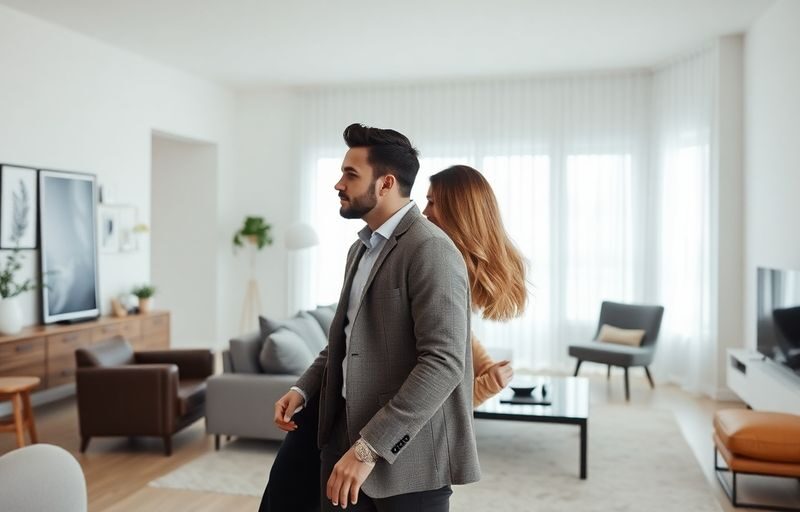 Clean, modern swinger couple with minimalist objects.