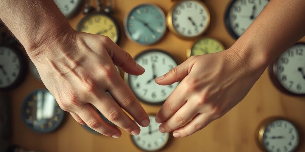 Clocks and intertwined hands.