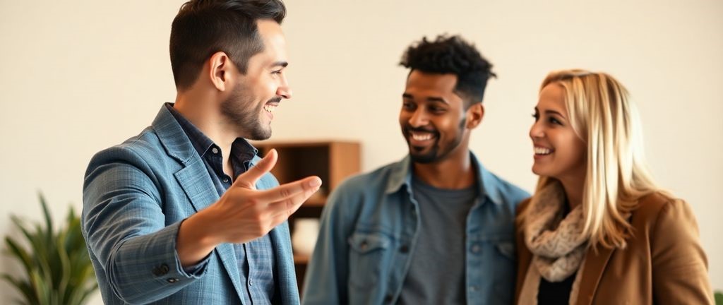 Coach interacting with diverse, smiling couple.