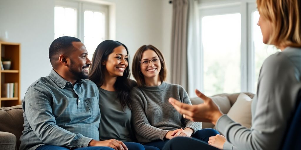 Coach talking to diverse couple.