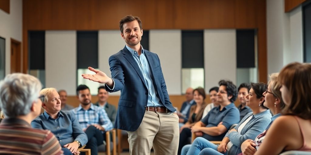 Coach talking to diverse group about relationships.