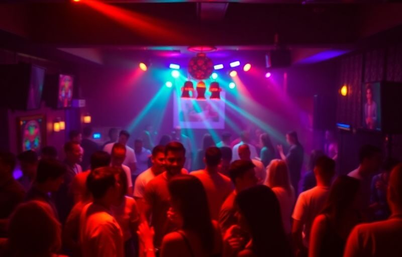 Colorful, dimly lit interior, lively crowd