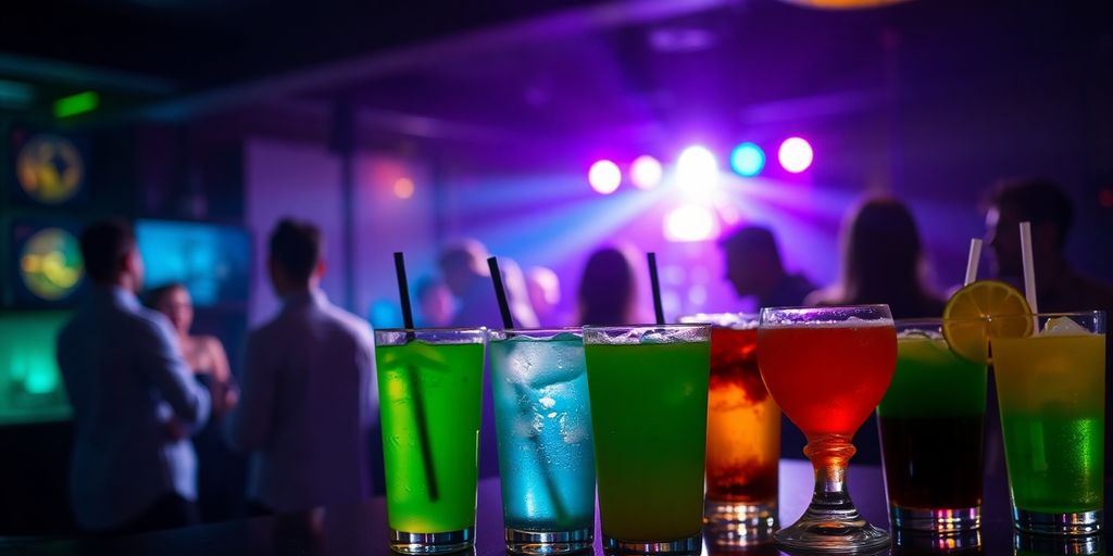 Colorful drinks, dance floor, diverse people.