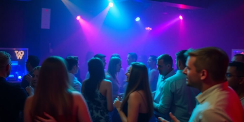 Colorful lights, dancing figures, vibrant Columbus nightlife.