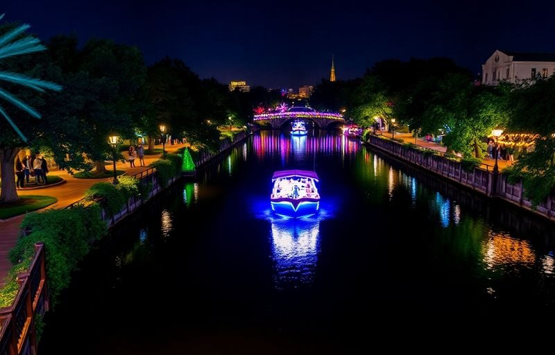 Colorful, lively San Antonio Riverwalk at night.