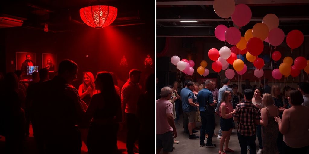 Colorful, lively adult party scene with diverse people dancing.
