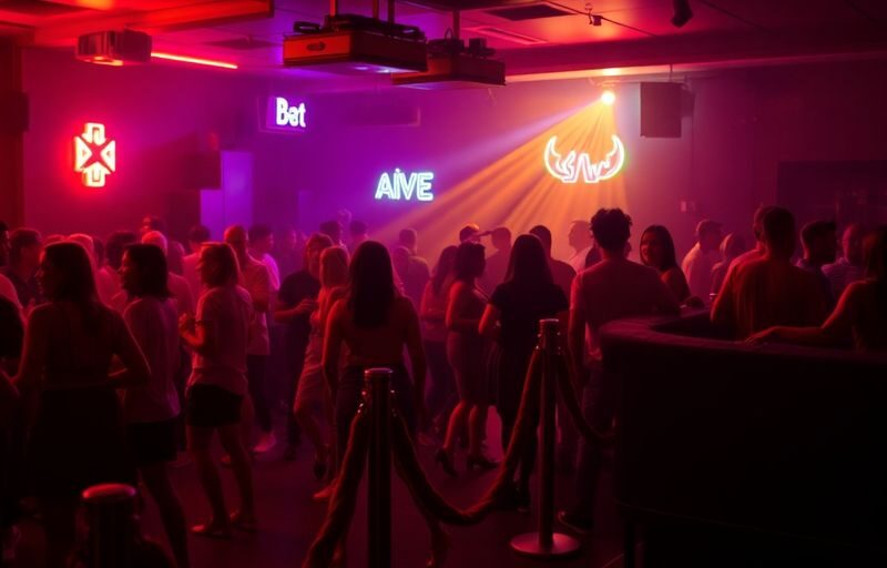 Colorful neon lights, velvet ropes, energetic crowd.