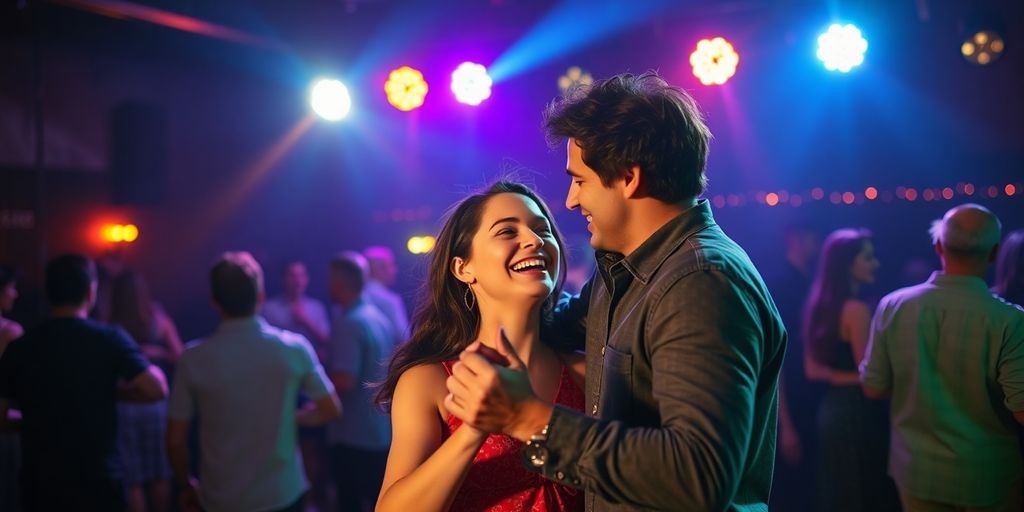Couple dancing at a vibrant swingers club.
