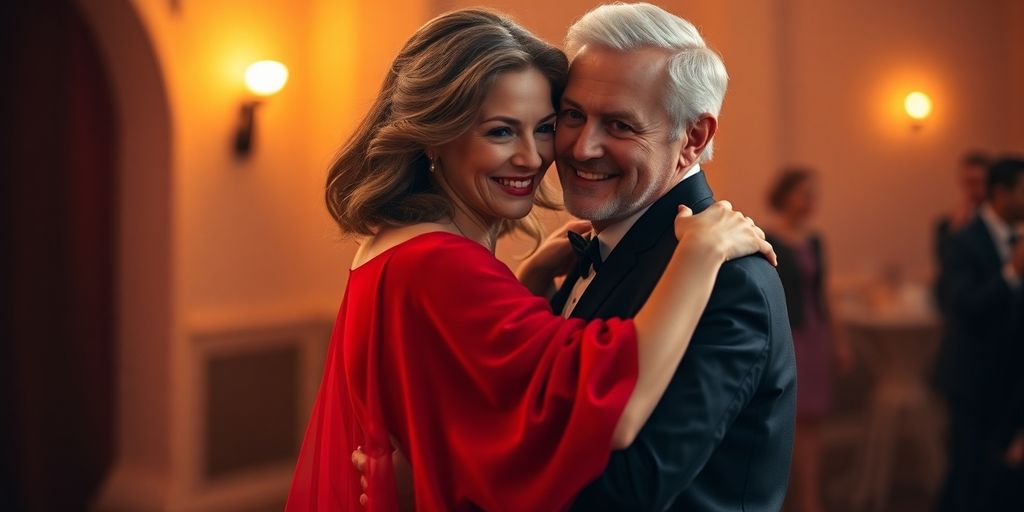 Couple dancing closely, warm colors, soft focus background.