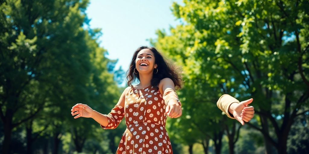 Couple dancing happily, sunlit park background.