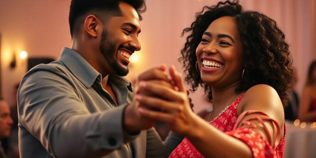 Couple dancing, joyful, elegant, intimate, vibrant colors.