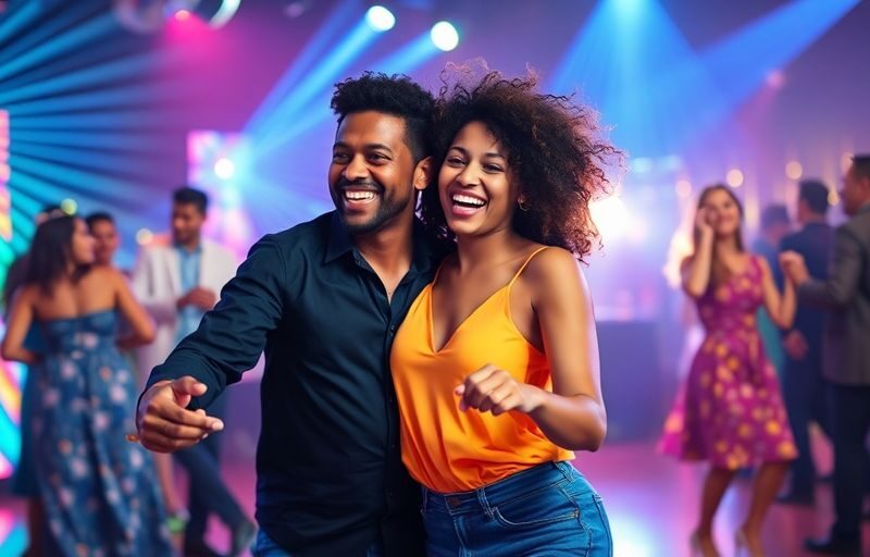 Couple dancing, joyful embrace, vibrant club.