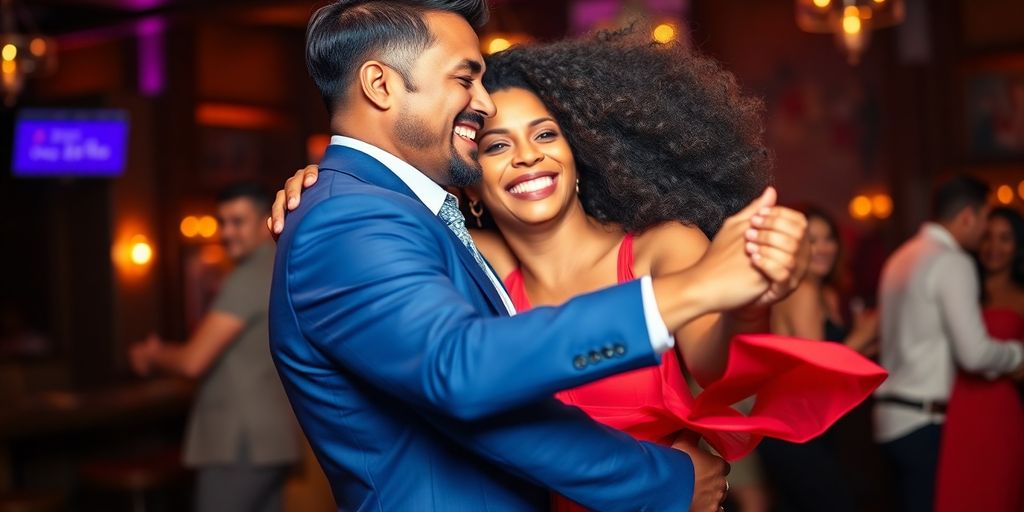 Couple dancing, joyful embrace, vibrant club atmosphere.