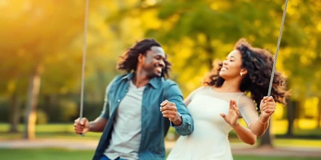 Couple dancing, joyful.