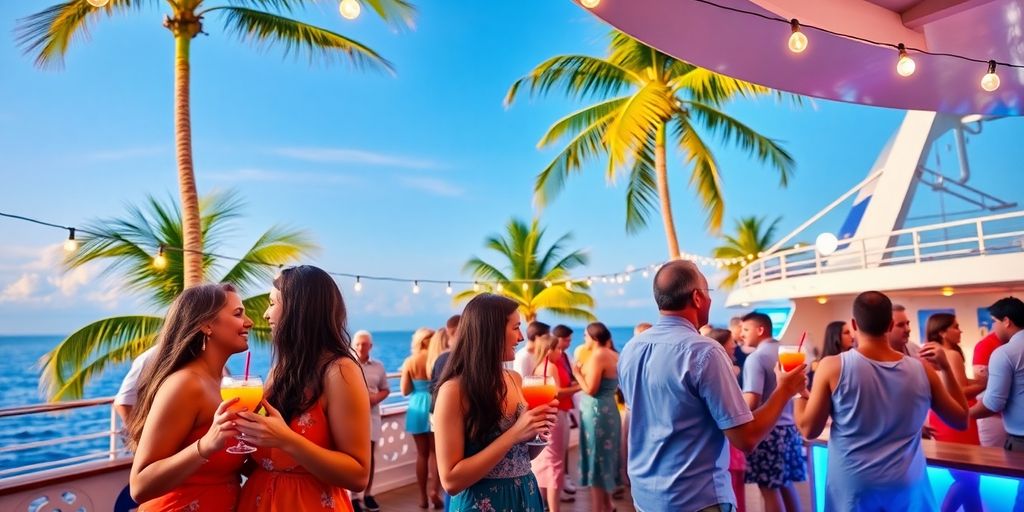 Couple dancing on deck, tropical drinks, lively atmosphere.