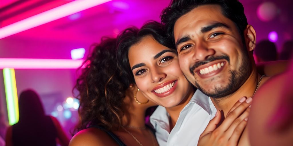 Couple dancing playfully at a vibrant nightclub.