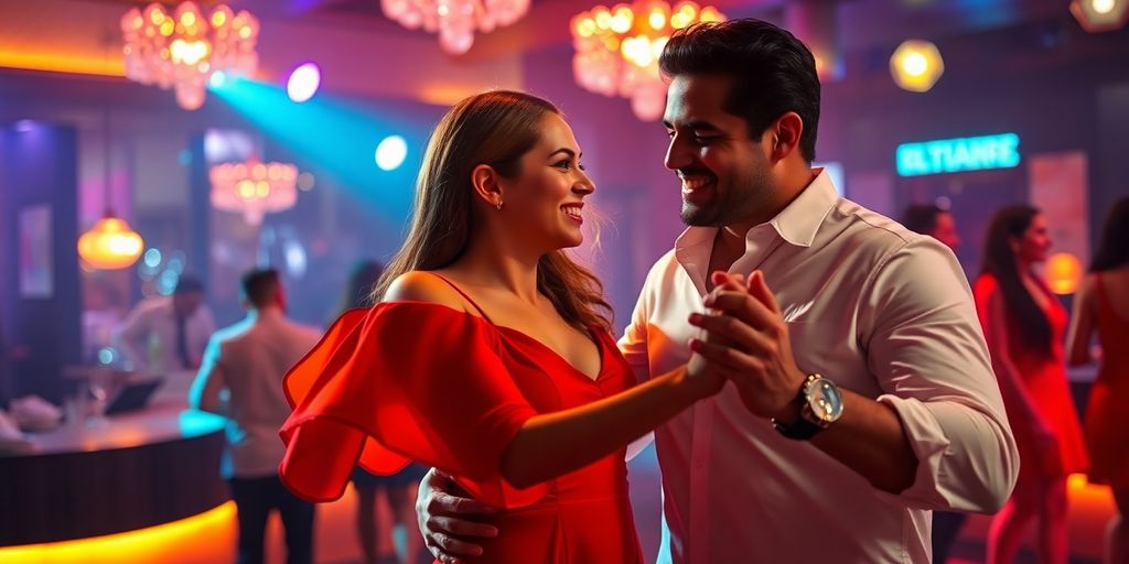 Couple dancing salsa in Miami club.