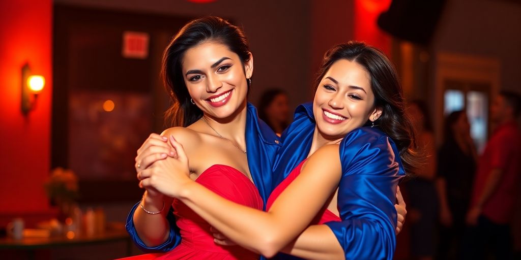 Couple dancing salsa, vibrant colors, close-up.