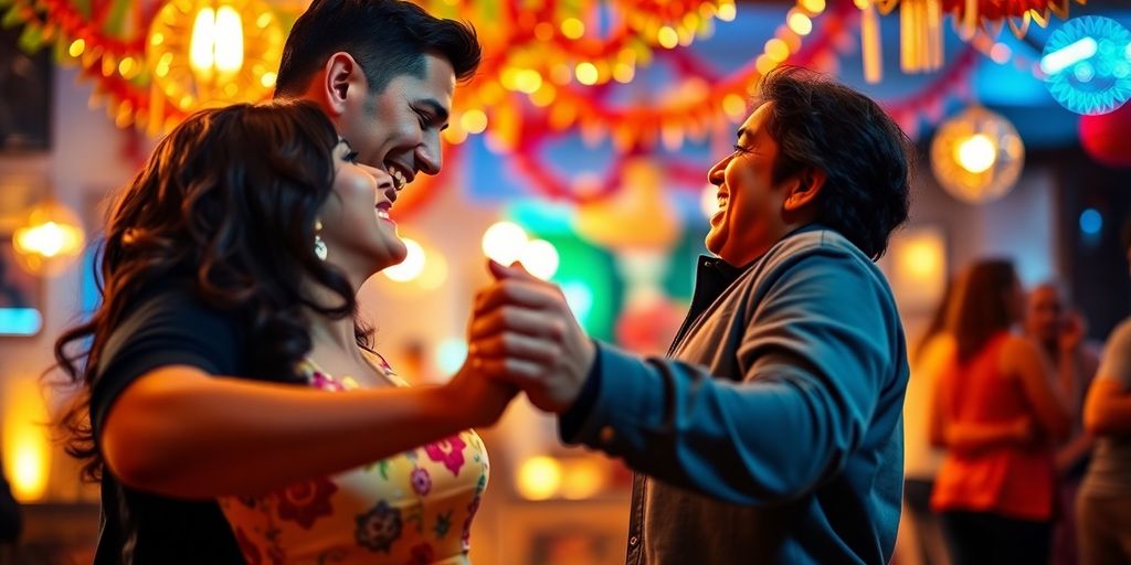Couple dancing salsa, vibrant colors, festive atmosphere.