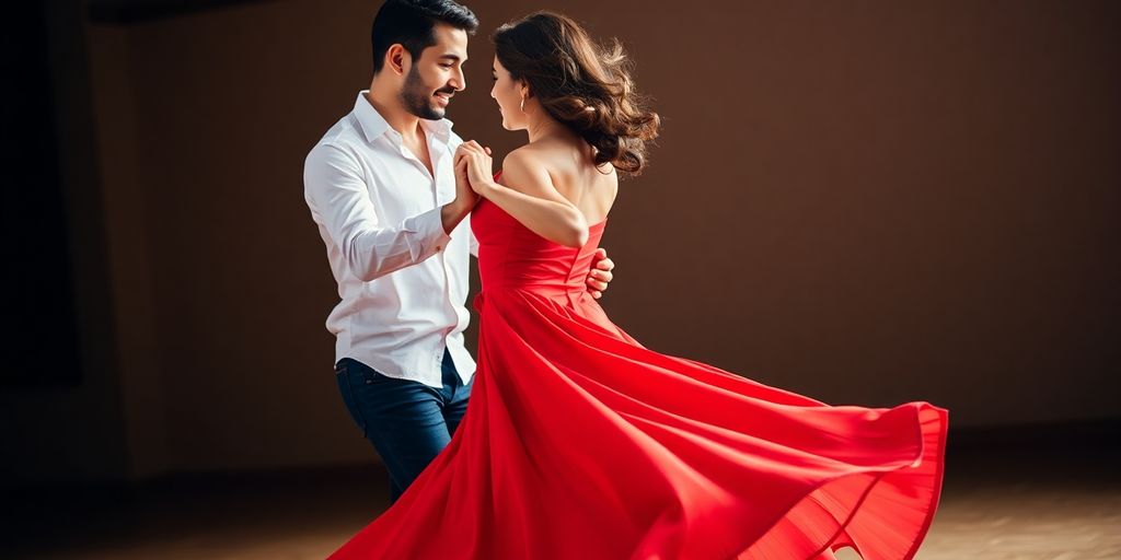 Couple dancing salsa, vibrant, joyful, Hispanic culture.