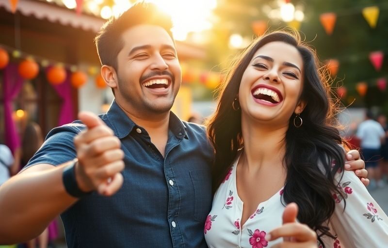 Couple dancing, vibrant colors, festive atmosphere.